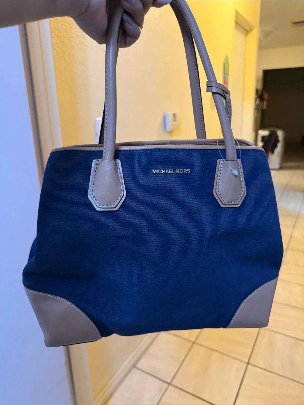 Michael Kors Navy Canvas Tote with Tan Leather Trim